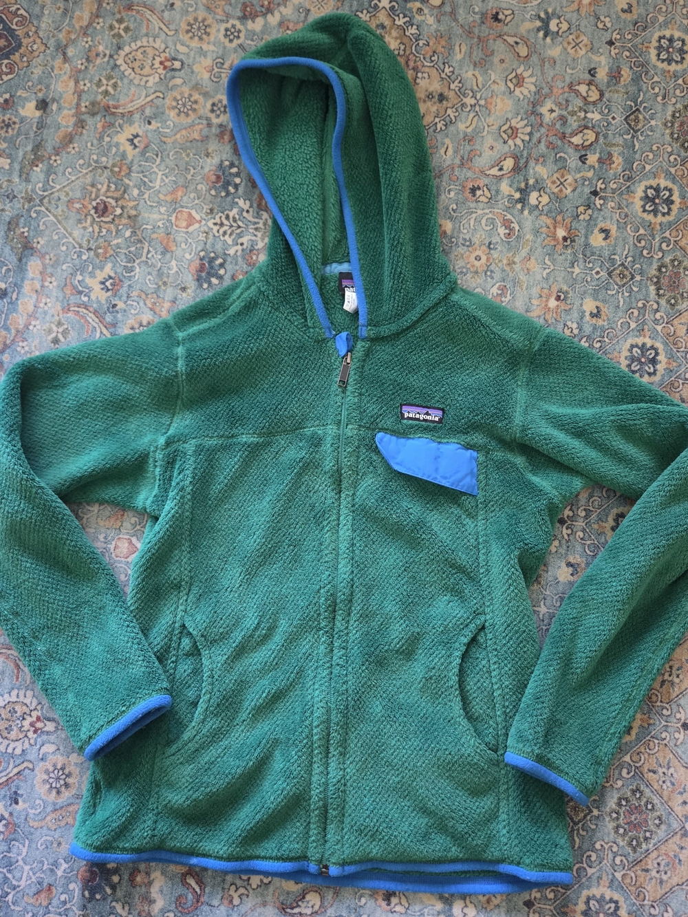 Patagonia Tumble Green Re-tool Fleece Hoodie with Blue Accents Sz Medium